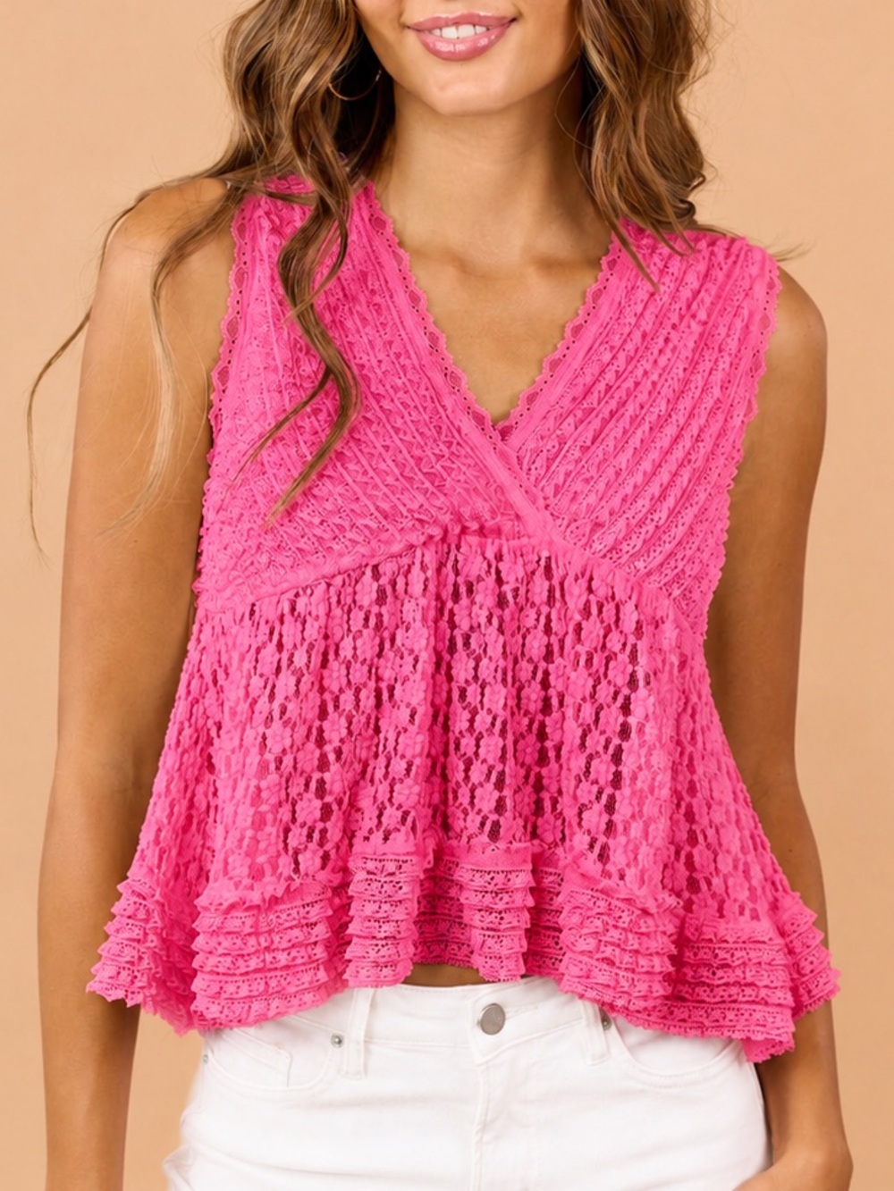 POL Ruffle Lace Peplum V-Neck Babydoll Top Hot Pink Barbiecore Boho Flowy M